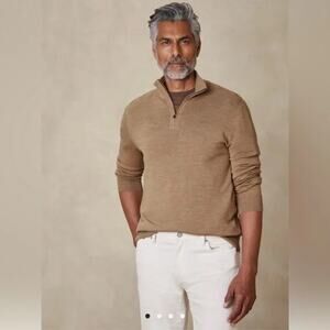 Banana Republic Factory Men's Camel 100% Merino Wool Half Zip Sweater - Large